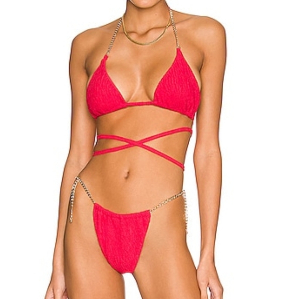 Beach Bunny Bottom Brooklyn Triangle Top (M) and Tango (S) Red Squiggle